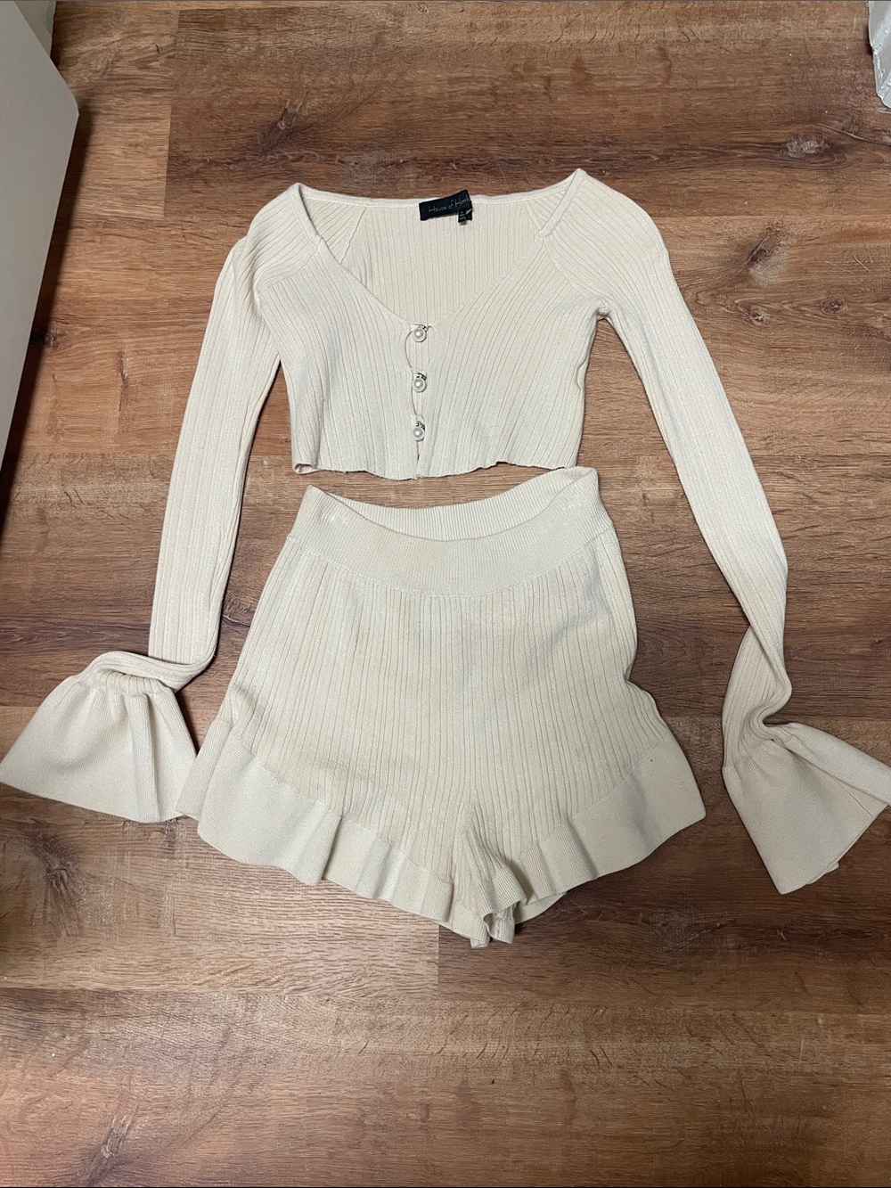 House of Harlow 1960 Cream Ribbed Knit Crop Top & Ruffle Shorts Set